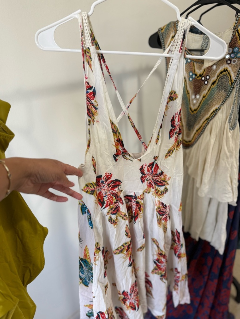Free People - White Floral Spaghetti Strap Sundress with Red & Green Flowers